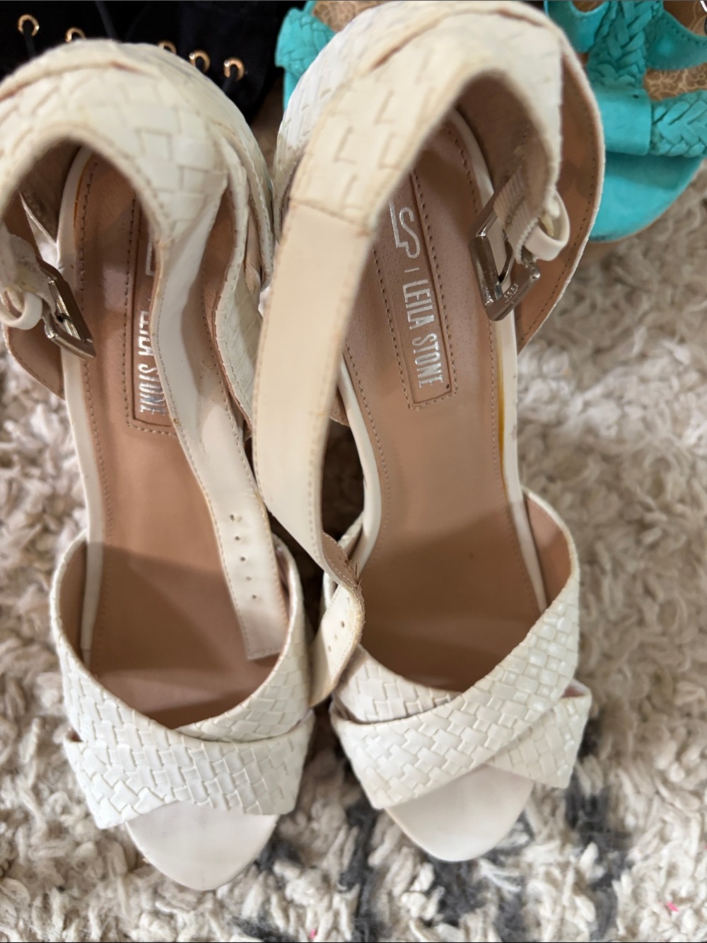 Leila Stone Cream Woven Wedge Sandals with Ankle Strap